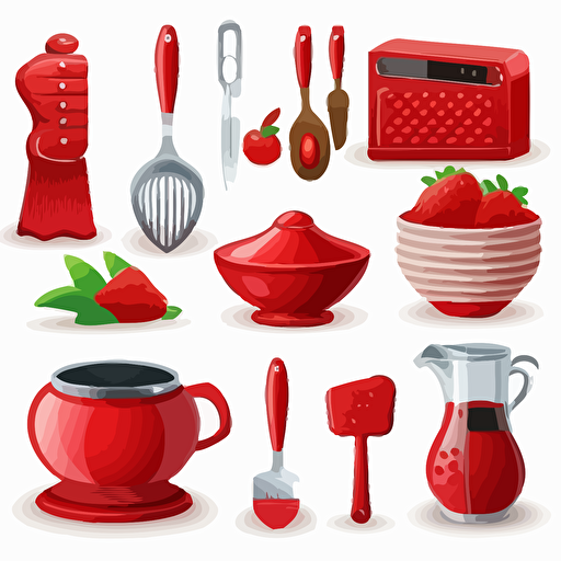 red kitchen accessories, high details, clip art, vector style, white background
