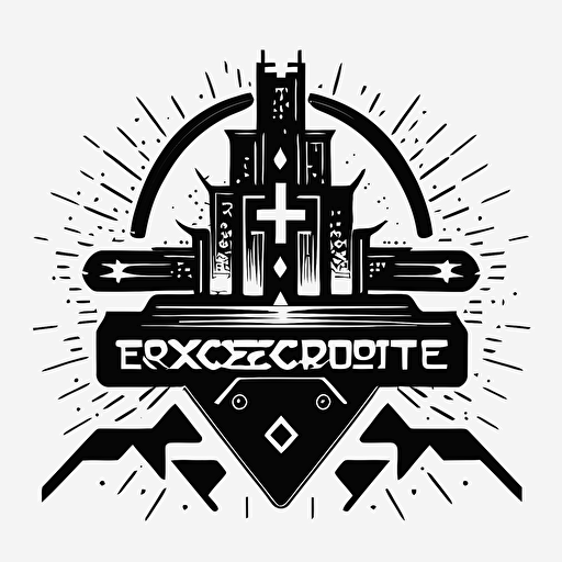 Retro futuristic iconic logo of corporate exorcist, black vector, on white background.