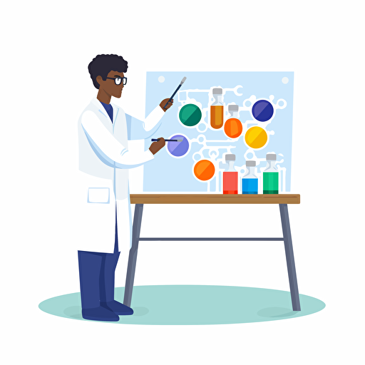 A scientist examining test tubes with a white board in the background. flat style illustration for business ideas, flat design vector, industrial, light color pallet using a limited color pallet, high resolution, engineering/ construction and design, colored cartoon style, light indigo and light gold, cad( computer aided design) , white background