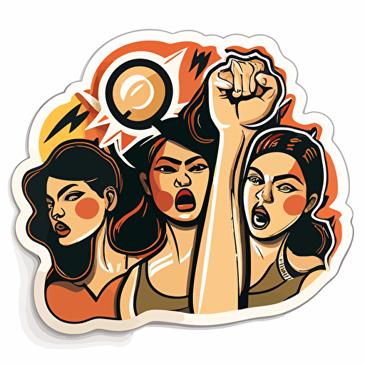 a die-cut sticker representing three diverse women of different ages and body shape demonstrating with a loudspeaker and their fist in the air, vector corporate art