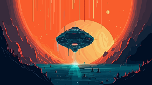 a space ship entering the atmosphere of an undiscovered jungle-like planet, the ships heats up as it enters the atmosphere of the planet, viewed from space, dramatic entry, flat vector illustration