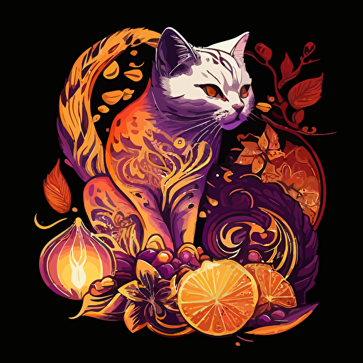 cat chinese style with flames gold coins mandarines chinese new year logo vector detailed high definition white purple red orange yellow