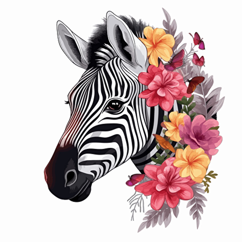 zebra with flowers, detailed, cartoon style, 2d clipart vector, creative and imaginative, hd, white background