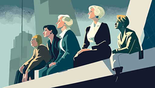 group of middle-aged women, multi-national, sitting on unfinished sky-scrapper beam, futurism vector art, global perspective