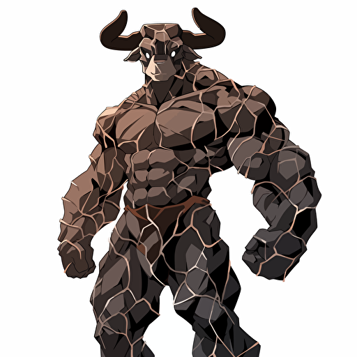 Bull, muscular, minotaur, hero, standing, proud, scary, tiled, manga like, burning man style, vector art, white background