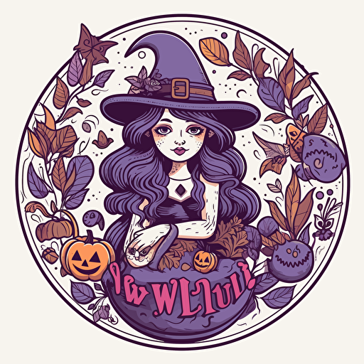 witchy, Sticker, Adorable, Cool Colors, Folk Art, Contour, Vector, White Background, Detailed