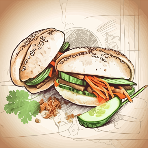 pencil drawn poster of steamed bao Buns filled with pork belly and sweet syrup and coriander and cucumber and carrot pickles, retro style, artistic, clean background, vector, pencil drawn
