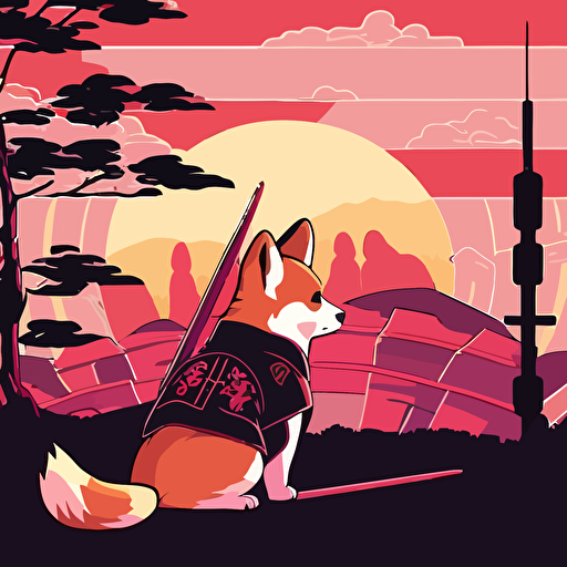 a corgi samurai large pink sunset backdrop in a vector illustration style