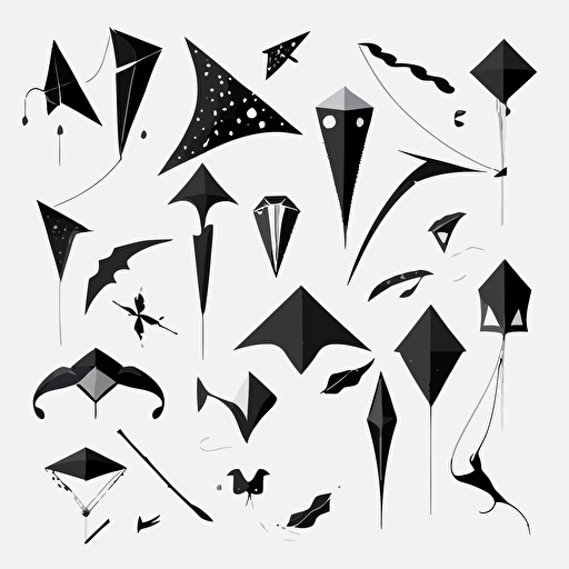 simple vector animation art of different kites and gliders, black on white background