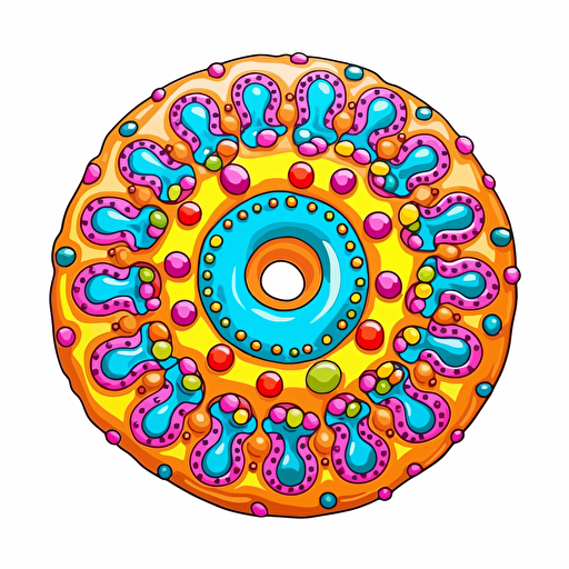 handdrawn doughnut, vector art, rainbow colours, symmetrical, isolated white background