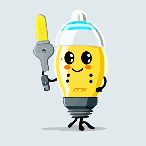 flat vector illustration, anthropomorphic LED light bulb, wearing a yellow Class E hard hat, holding a screwdriver, friendly, cartoon style, white background for cut out