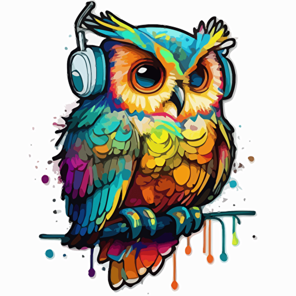 sticker, Happy colorful Owl wearing headphones, kwaii, contour, vector, white background