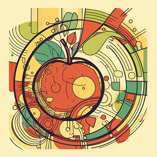 apple thick line illustration with framed botanical ornaments illustration with a shinning sun using the illustrator illustration styles, vectorized, organic forms and shapes, cubism art style, pantone colorful pallet