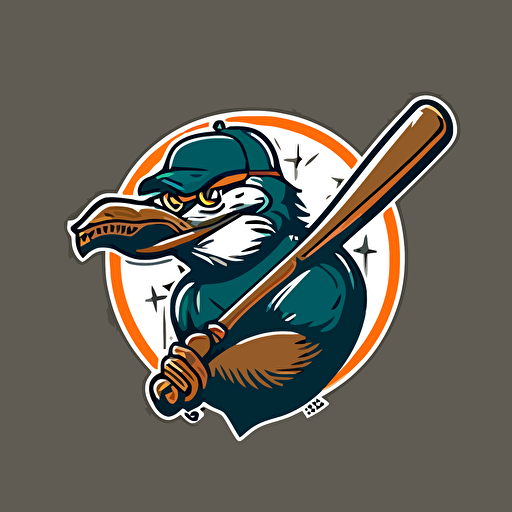 classic sports logo for baseball team featuring a fierce duckbill platypus about to swing a baseball bat, vector style, circular, stylish, simple