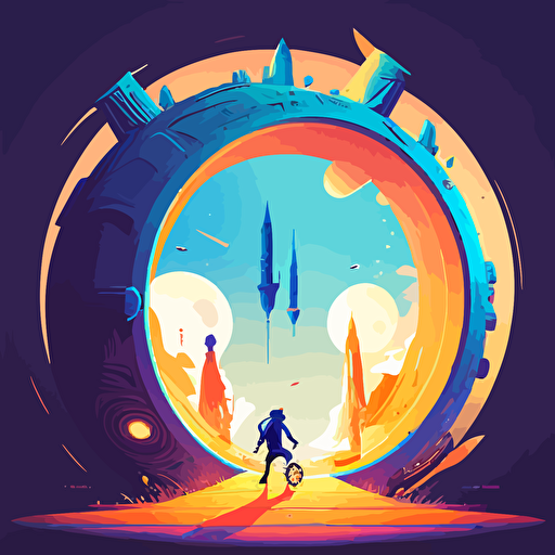 Vector art of a portal located in a planet leading to a high tech futuristic city and children on magical flying brooms entering the portal