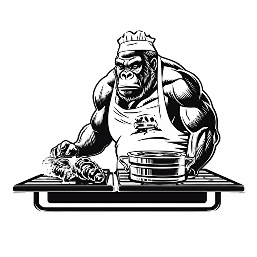 black and white gorilla cooking burgers on a chargrill , vector style with white background