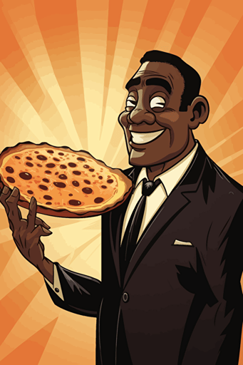 black man in a black suit showing you a big cheesy slice of pizza, cartoon style, vector art, by Ralph Bakshi and John K., in the style of Ren & Stimpy