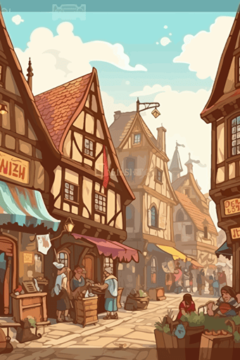 cartoon vector illustration of a group of shops at a renaissance festival with signs, colorful