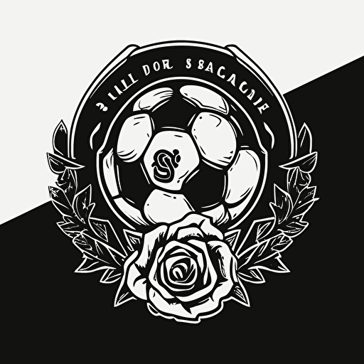 black and white vector soccer team logo, with rose and a soccer ball, simple