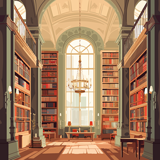 Flat vector illustration of an old library hall