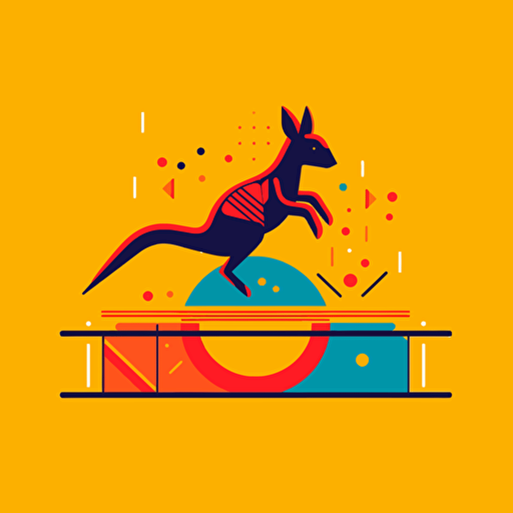 Kangaroo, Jumping on a Trampoline, Playful, Geometric Shapes, Bright Colors, Comic vector illustration style, flat design, minimalist logo, minimalist icon, flat icon, adobe illustrator, cute, Simple