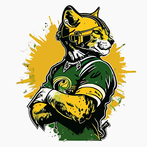 A man-cat who plays for the Green Bay Packers, crosseyed, sports logo style, white background, vector