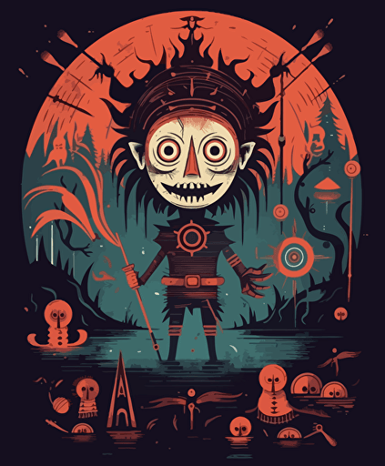 horror pinochio, vector, drybrush, flat illustration, linoprint, dark fantasy, horrific, oni, paranormal, weirdcore, whimsigothic
