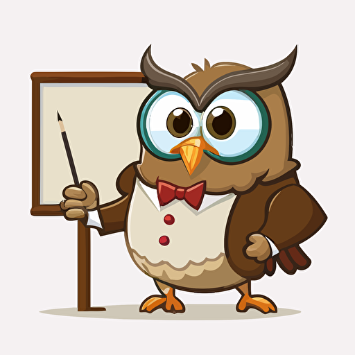 a flat vector image of a professor owl holding a rod pointing at a blank whiteboard