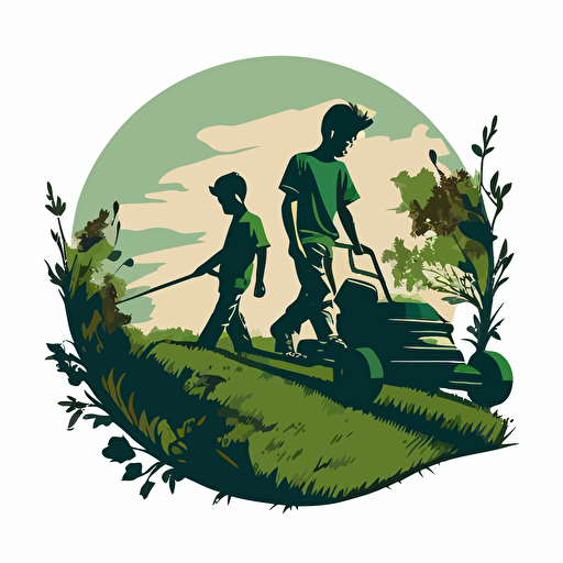 a vector art logo for landscape of 2 teenage boys mowing lawn and taking care of it