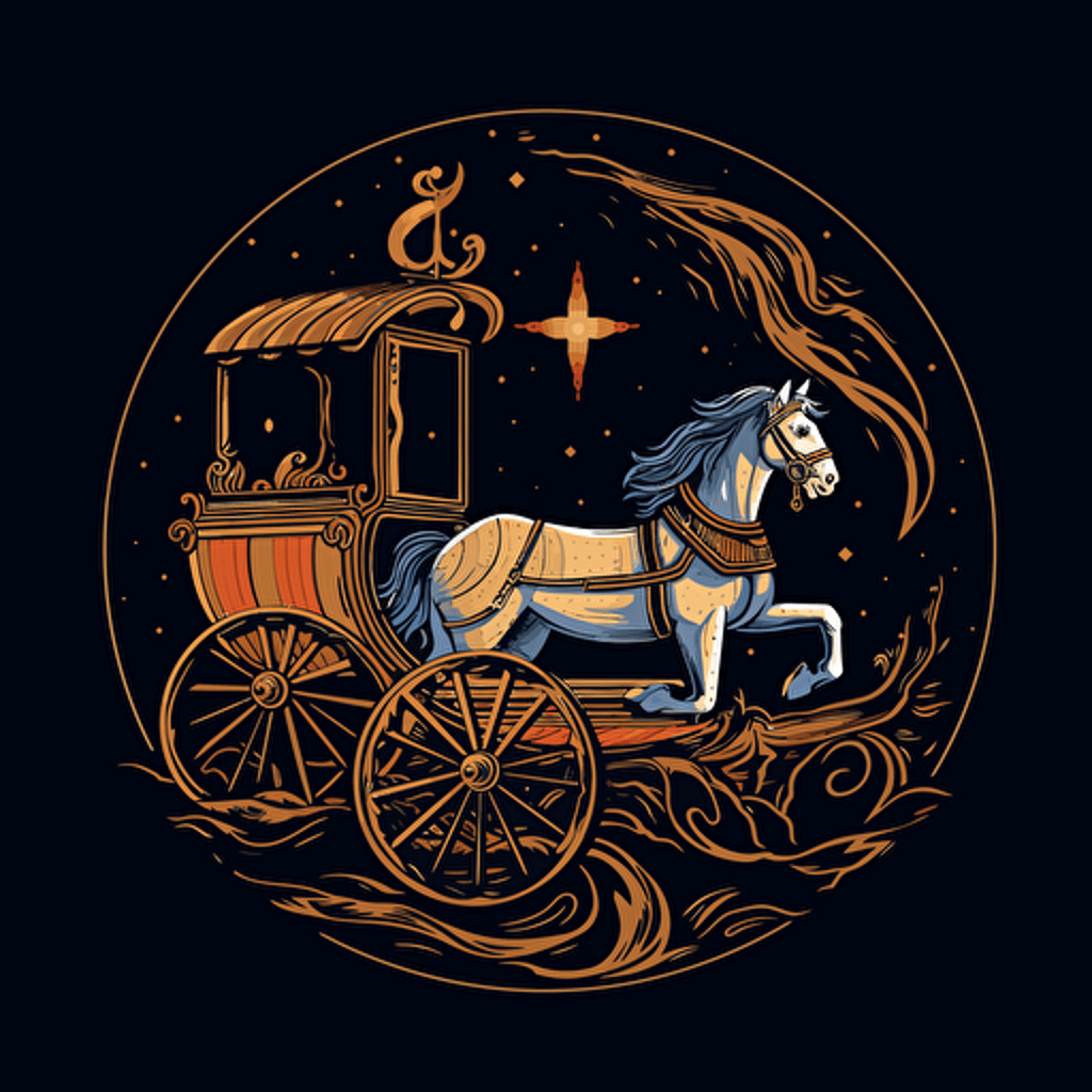 D&D wagon and horse icon, vector, black background