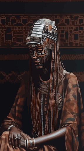 cyberpunk ghost in the machine, techno-ziggurat made of digital binary barcode data, mystical cryptopunk vector dot matrix futuristic generative art, ultra-sharp intricate details::3 artwork by Hassan Hajjaj:: artwork by Mary Sibande:: artwork by Viviane Sassen:: artwork by Aida Muluneh:: artwork by Delphine Diallo