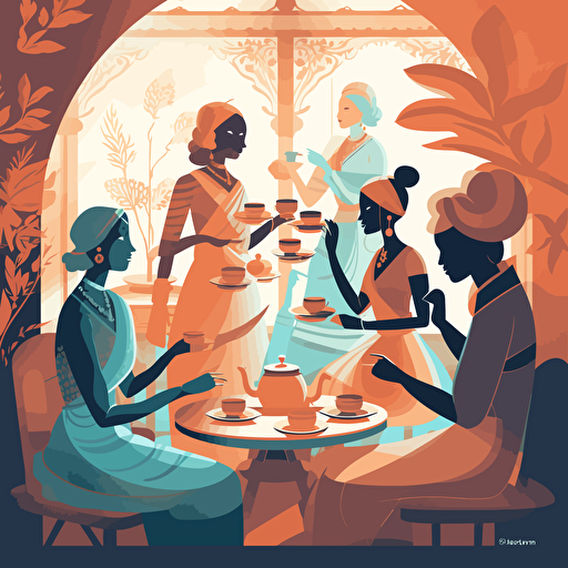 Flat Vector Illustration of Indian Tea Party in a Parisian Table setting, Style of Malika Favre. Use only 3 Colours. Strong Light and Shadow. Style of Maite Franchi