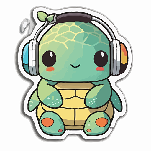 sticker, happy colorful turtle wearing headphones, kawaii, contour, vector, white background s 1000