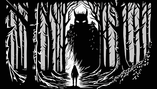 hidden small monster in big forest, sketch, illustrations, hd, fantasy, witcher style, black and white, vector