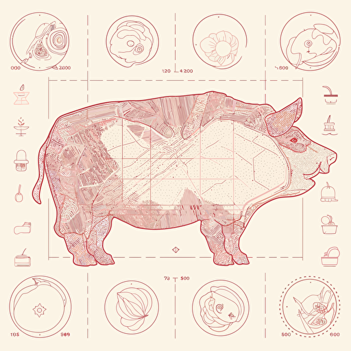 Instructional Diagram of the difference cuts of meat on an Animal, Vector, 2d