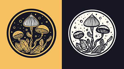 minimal vector logo of a mushroom and pothos, lavender and golden yellow colors ::2 with white and black accent, folk music