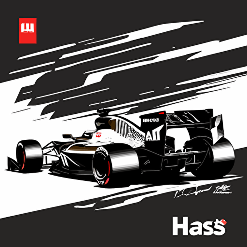 haas f1 car, vector art, black and white, no background,