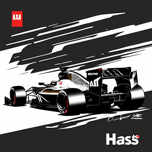 haas f1 car, vector art, black and white, no background,