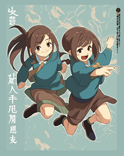 fukuume udon tv series download, in the style of lois greenfield, playful cartoonish illustrations, high-angle, whitcomb-girls, commission for, dark brown and cyan, strong use of color