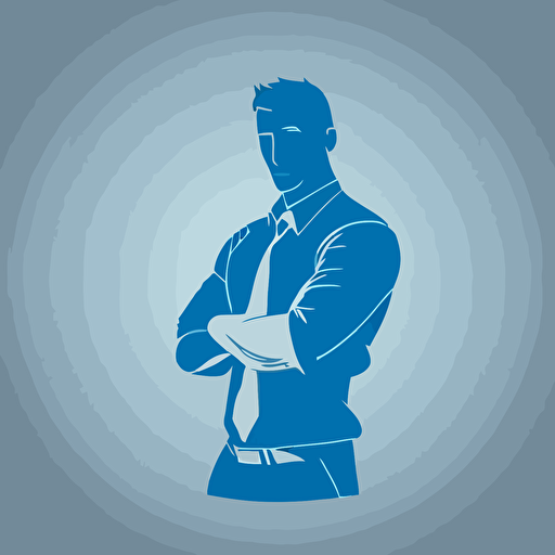 silhoette of professional worker, facing camera, arms crossed, smiling, sleeves rolled up, blue color, gray background, simple design, vector style, white outline over silhouette