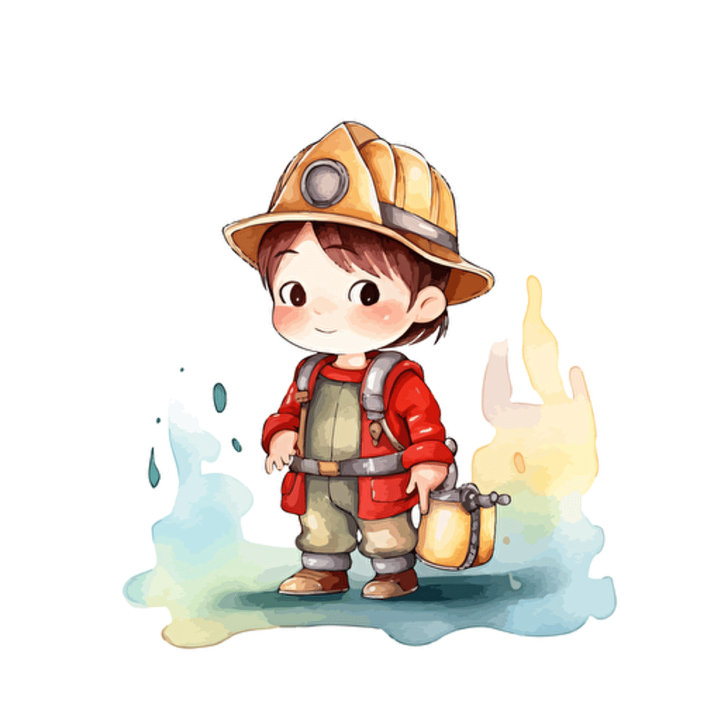 cute fireman, detailed, cartoon style, 2d watercolor clipart vector, creative and imaginative, hd, white background