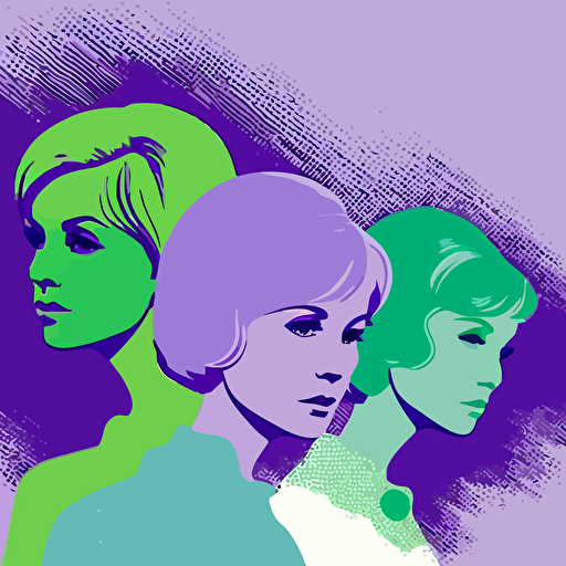 vector illustration of three 1960's ladies in pop art style in blue, purple, green and white 5k