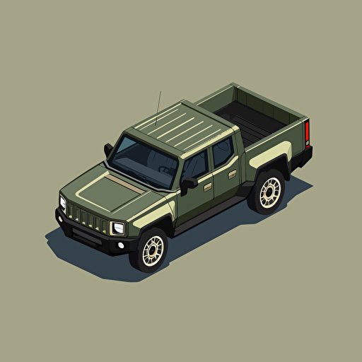 isometric icon, olive green 2022 Rivian R1T pickup truck, solid background, in the style of Matthew Skiff illustrations, in the style of Christopher Lee illustrations, in the style of Jonathan Ball illustrations, simple, rough-edged drawing, vector illustration, flat art,