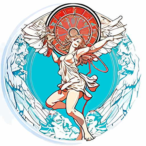 vector 2d creative design style of Japanese anime art comic with great detail and incredible artistic perception of disc golfing Alphonse Mucha circle with a white background, edge frame has amazing design detail with blue white red vivid contrast flying disc frisbee ethereal