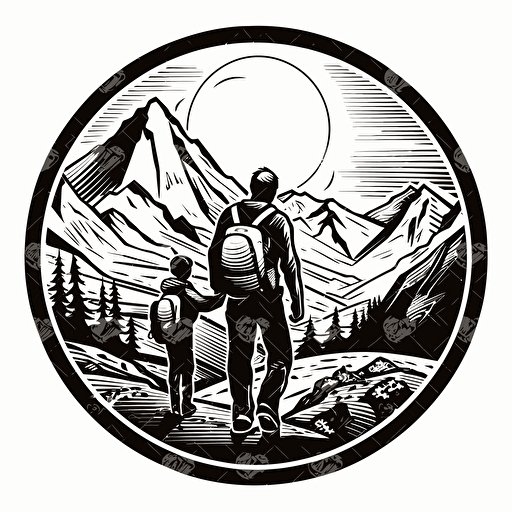 a vector image of a dad and baby hiking with a mountain view in the background using only black, on a white background, badge style