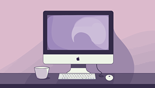 vector illustration of an imac sitting on a desk, sparse and simple, lavendar gradient background