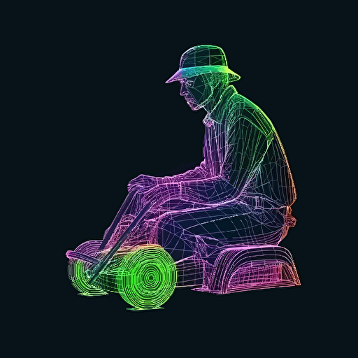 psychedlic neon wireframe lowpoly vector of man mowing his lawn on black background
