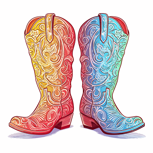 adorable brightly colored pair of cowboy boots on a white background + doodle style + white background + simple vector + bright colors