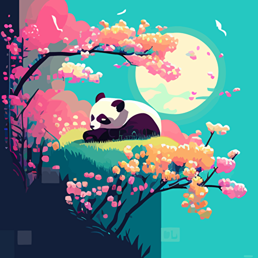 Panda in the spring sun, sleeping on its stomach, bright light, bright tones, rich layers, soft light, soft light, cartoon style, bright colors, pixel art, vector art