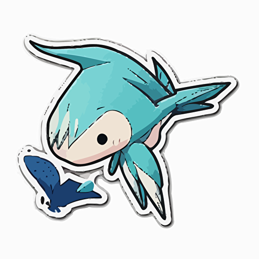 die-cut sticker, cute kawaii pterodactyl with long blue hair flying slanted sticker, white background, illustration minimalism, vector, oceanic tones.